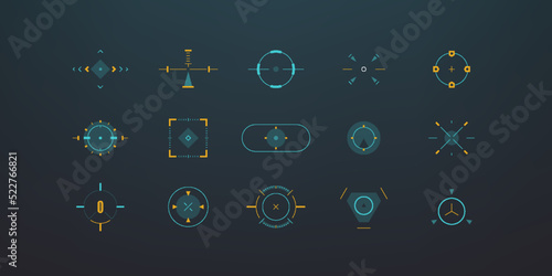 HUD aim control frames. Sniper round square targets UI, futuristic focus point sight, game technology design. Vector set