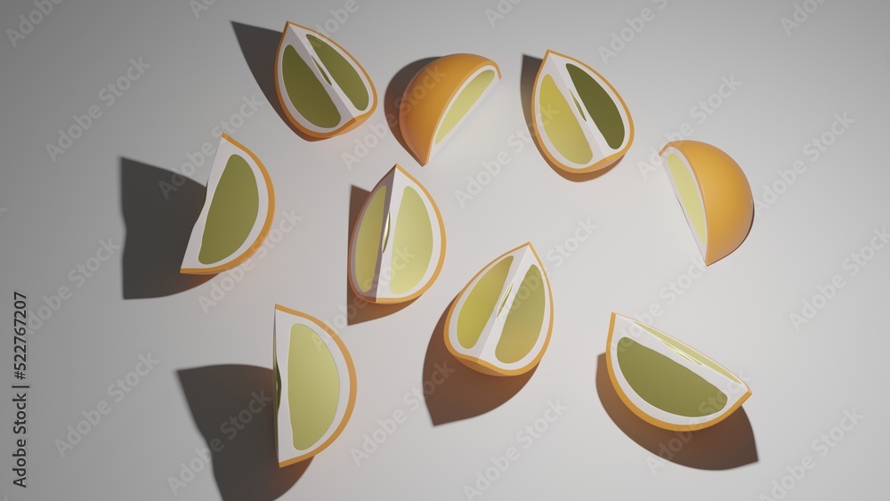 Set of sliced orange or citrus in different poses on white surface. 3D render illustration Set of sliced orange or citrus in different poses on white surface. 3D render illustration