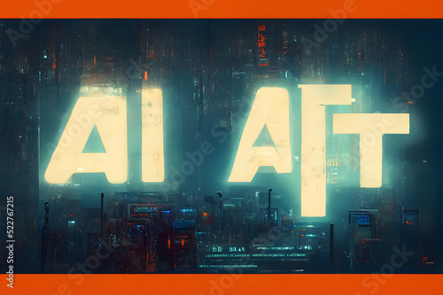 glowing words AI ART on night dystopian cyberpunk city background, neural network generated art, image artificial intelligence in 2022 photo