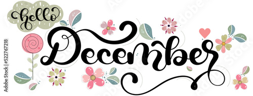 Title	
Hello December. DECEMBER month vector decoration with flowers and leaves. Illustration month December. Hello Winter