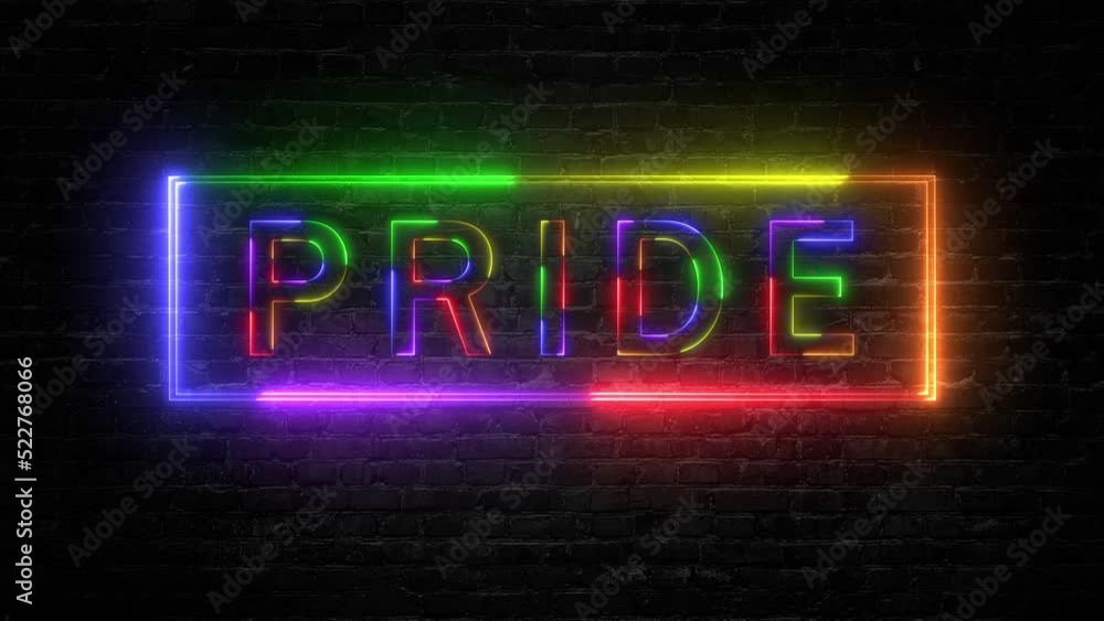 Lgbt concept.Animation of neon sign on the wall with Pride text with lgbt flag colors.gay pride flag.Flag symbol of freedom, peace, and equality. Lesbian, gay, bisexual, transgender, and queer Lgbtq. Lgbt concept.Animation of neon sign on the wall with Pride text with lgbt flag colors.gay pride flag.Flag symbol of freedom, peace, and equality. Lesbian, gay, bisexual, transgender, and queer Lgbtq.