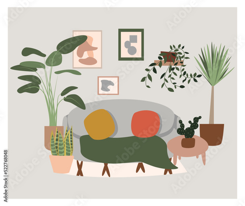 Living room interior. Cozy apartment cartoon interior with furniture on background. Home furnishing. Houseplants in interior. Stock vector illustration, eps 10.