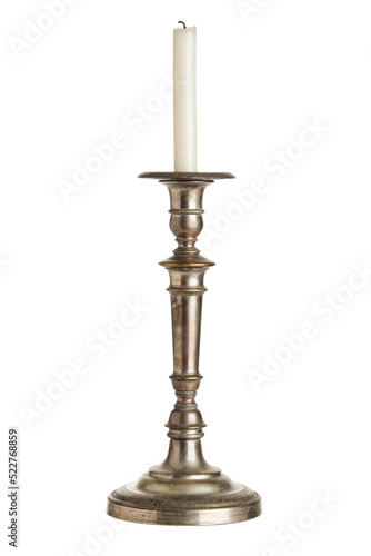 Tableau sur toile Antique silver candlestick with white candle isolated with transparent backgroun
