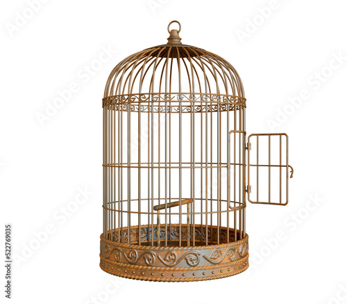Vintage style metal bird cage with door open isolated on white background © Boxyray