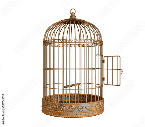 Vintage style metal bird cage with door open isolated on white background