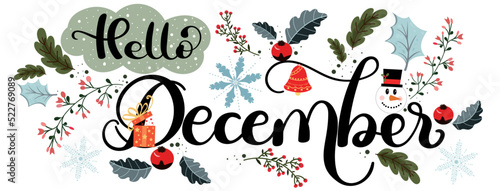 Hello December. DECEMBER month vector decoration with flowers and leaves. Illustration month December. Hello Winter	

