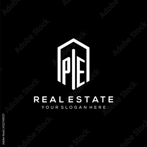 Letter PE logo for real estate with hexagon icon design