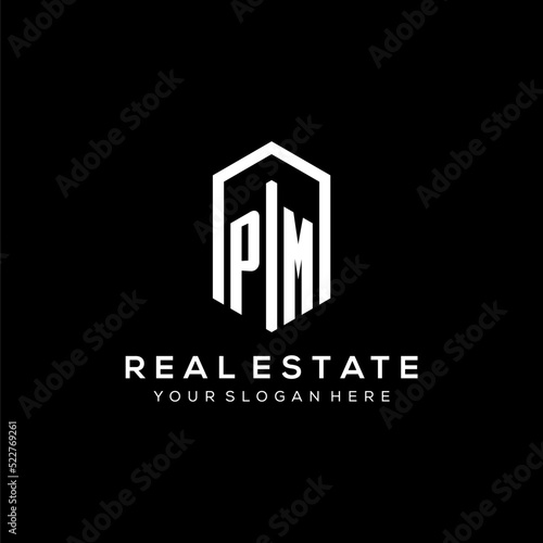 Letter PM logo for real estate with hexagon icon design