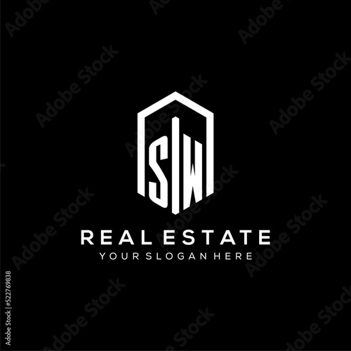 Letter SW logo for real estate with hexagon icon design