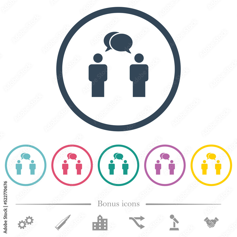 Two talking persons with oval bubbles solid flat color icons in round outlines Two talking persons with oval bubbles solid flat color icons in round outlines