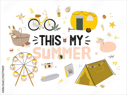 Outdoor leisure activity set. Backpacking and trekking holiday on nature. Summer camping, summer picnic, summer relax. Vector flat icons isolated concept with inspirational typography quote.