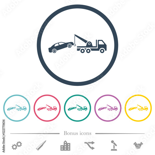 Car towing flat color icons in round outlines