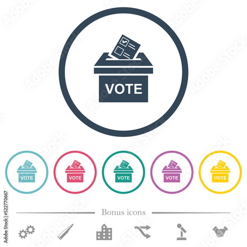 Voting paper and ballot box solid flat color icons in round outlines