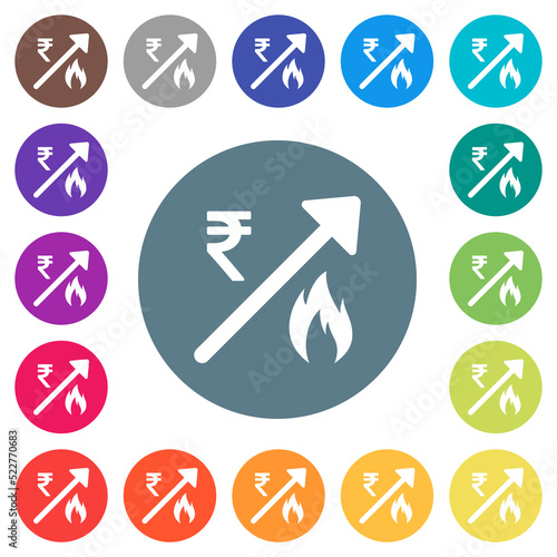 Rising gas energy Indian Rupee prices flat white icons on round color backgrounds