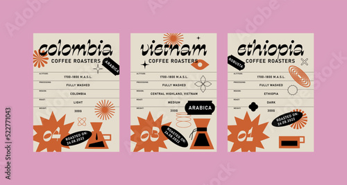 Vector set illustration design labels for coffee packages. Minimalistic and modern design with coffee beans branch.