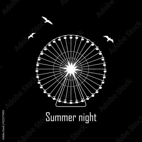 Summer illustration with white silhouettes of ferries wheel and seagulls on the black background