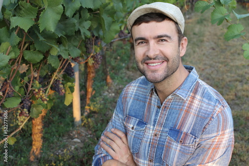 Handsome farmer in beautiful vineyard