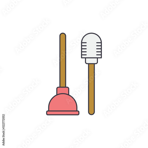Brush and plunger toilet icon in color, isolated on white background 