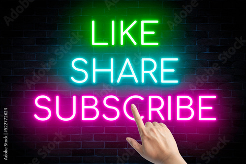 Fotografie Like, share, subscribe neon banners on bricks wall background, light signboard followers, and social media content channels