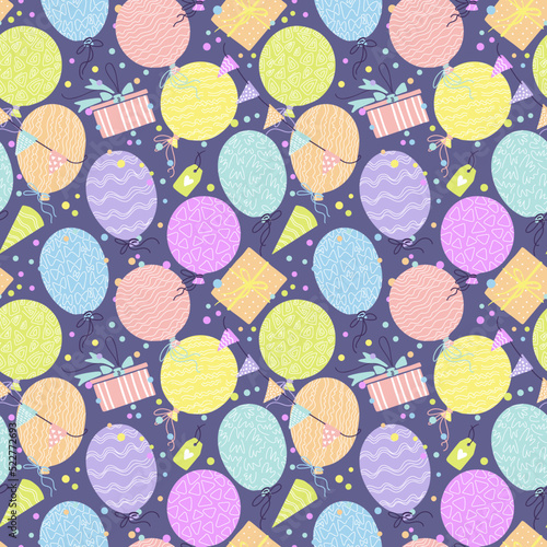 Fototapeta Naklejka Na Ścianę i Meble -  Celebration vector seamless pattern with gift boxes, confetti, balloons. Colorful simple happy birthday repeatable background.