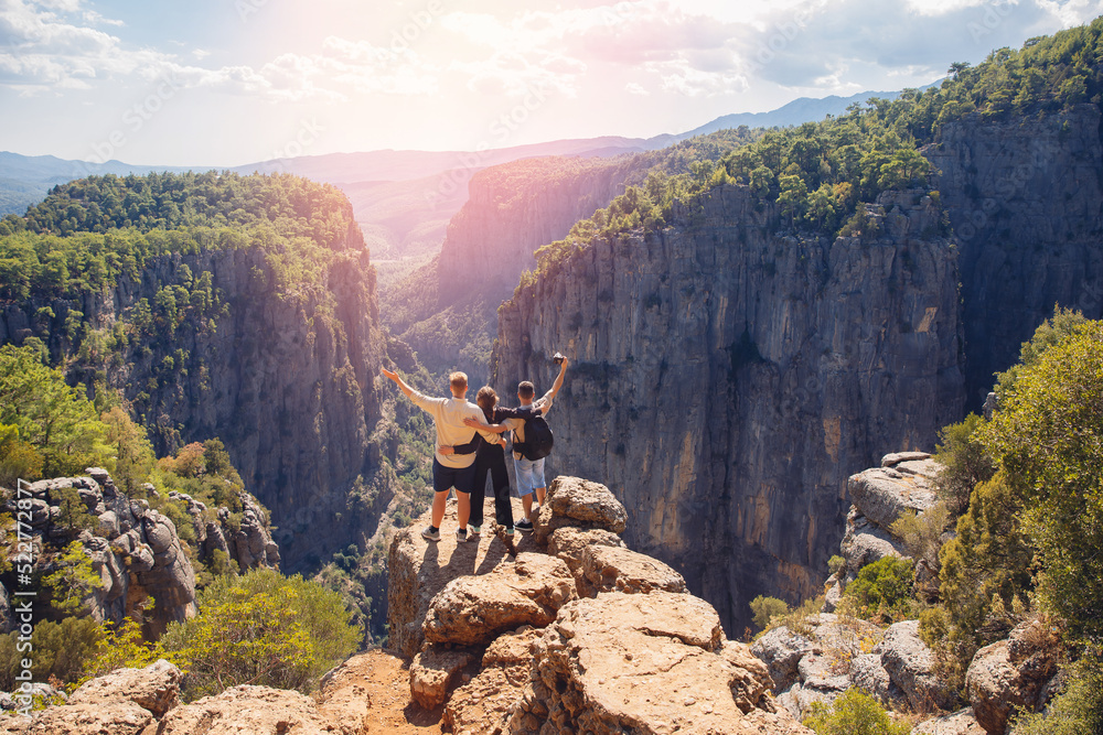 Fototapeta premium Team friends hiker background mountain Tazi canyon in Manavgat Antalya Turkey. Concept adventure travel lifestyle