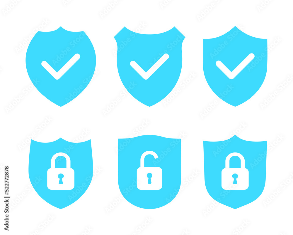 Blue shield badge with checkmark and padlock vector set. Isolated on white background Blue shield badge with checkmark and padlock vector set. Isolated on white background