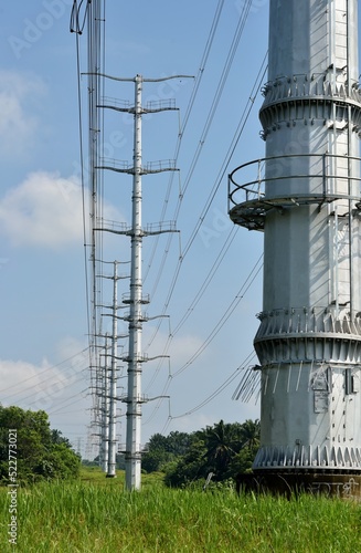 Image of a monopole high voltage transmission on a green grass hill. Concept of insfrastructure, safety and architechture