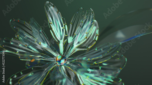 Tableau sur toile Green Glass Flower on Dark Background, 3D illustration.