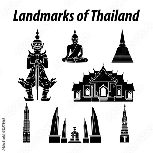 Bundle of Thailand famous landmarks by silhouette style,vector illustration