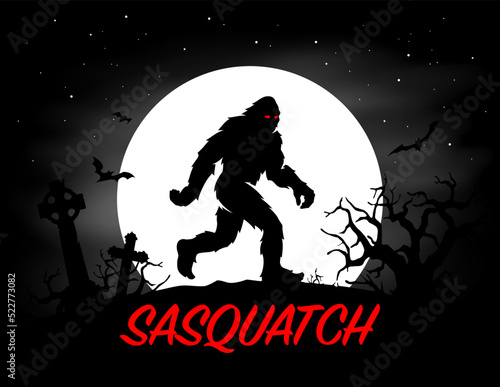 Sasquatch full moon halloween poster. Haunted cemetery bigfoot silhouette. Hairy cryptid creature graphic. Vector illustration.