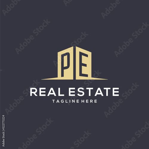 Monogram PE logo for construction with simple building shape icon design