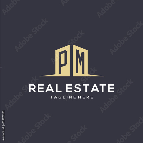 Monogram PM logo for construction with simple building shape icon design