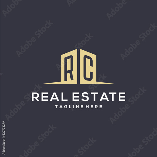 Monogram RC logo for construction with simple building shape icon design