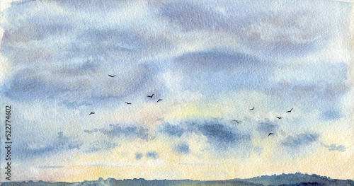 Photography Watercolor illustration of a cloudy sky with flying birds