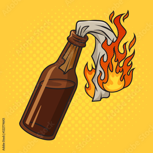 Lit burning fire molotov cocktail bomb pop art retro vector illustration. Comic book style imitation.