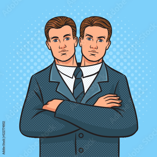 two headed businessman pop art retro vector illustration. Comic book style imitation.