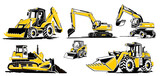 Construction equipment illustration. Backhoe loader, bulldozer, excavator, compact bigger. Icon style, flat two colors illustrations.