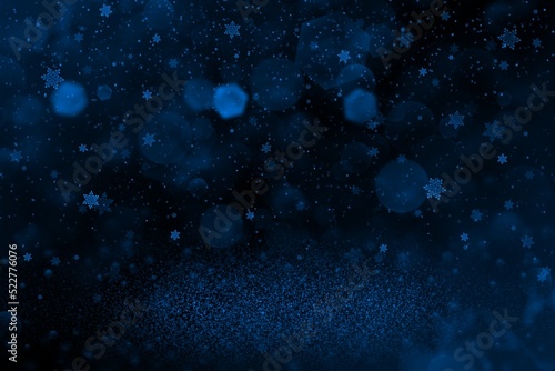 blue nice sparkling glitter lights defocused bokeh abstract background and falling snow flakes fly, festive mockup texture with blank space for your content