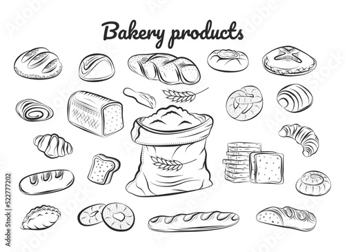 Bakery products. Types of bread. Vector. Graphics. Doodles. Linear, flat hand-drawn drawing. Used in magazines, signs, prints, and web design.