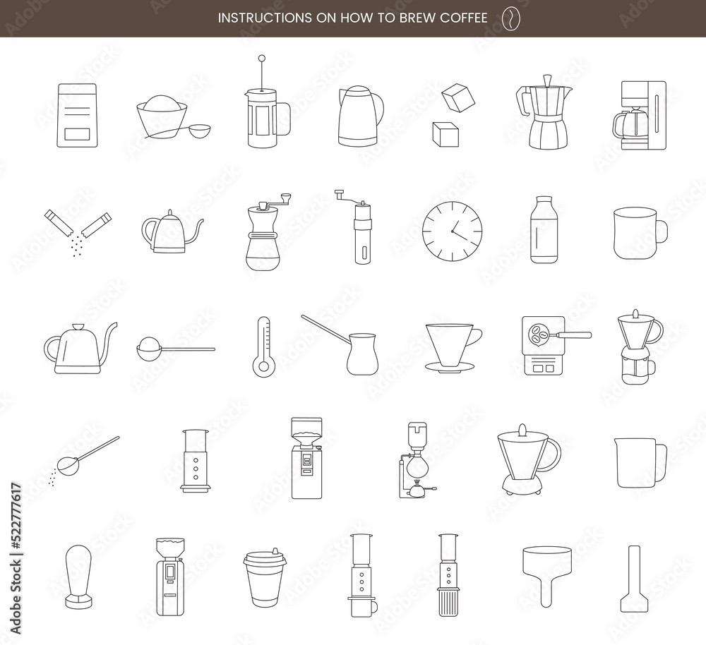 Icons for creating instructions for making coffee, in the lines. Icons for creating instructions for making coffee, in the lines.