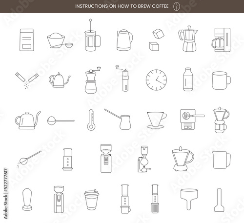 Icons for creating instructions for making coffee, in the lines.