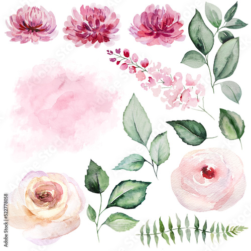 Fotografija Watercolor pink roses flowers and green garden leaves illustration, wedding stat