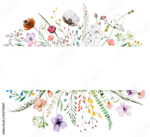 Frame made of watercolor wildflowers and leaves, wedding and greeting illustration photo