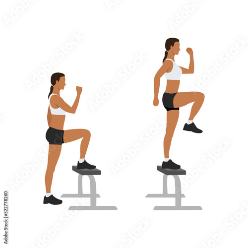 Woman doing Step up with knee raises exercise. Flat vector illustration isolated on white background