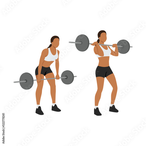 Woman doing Barbell cleans,Clean and jerk  exercise. Flat vector illustration isolated on white background