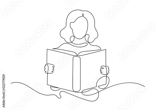 Woman reading book. Continuous line drawing. Girl holding book.