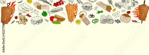 Popular fast food doner shawarma meat and vegetables and ingredients on background. Top view. Vector illustration. Engraved design.
