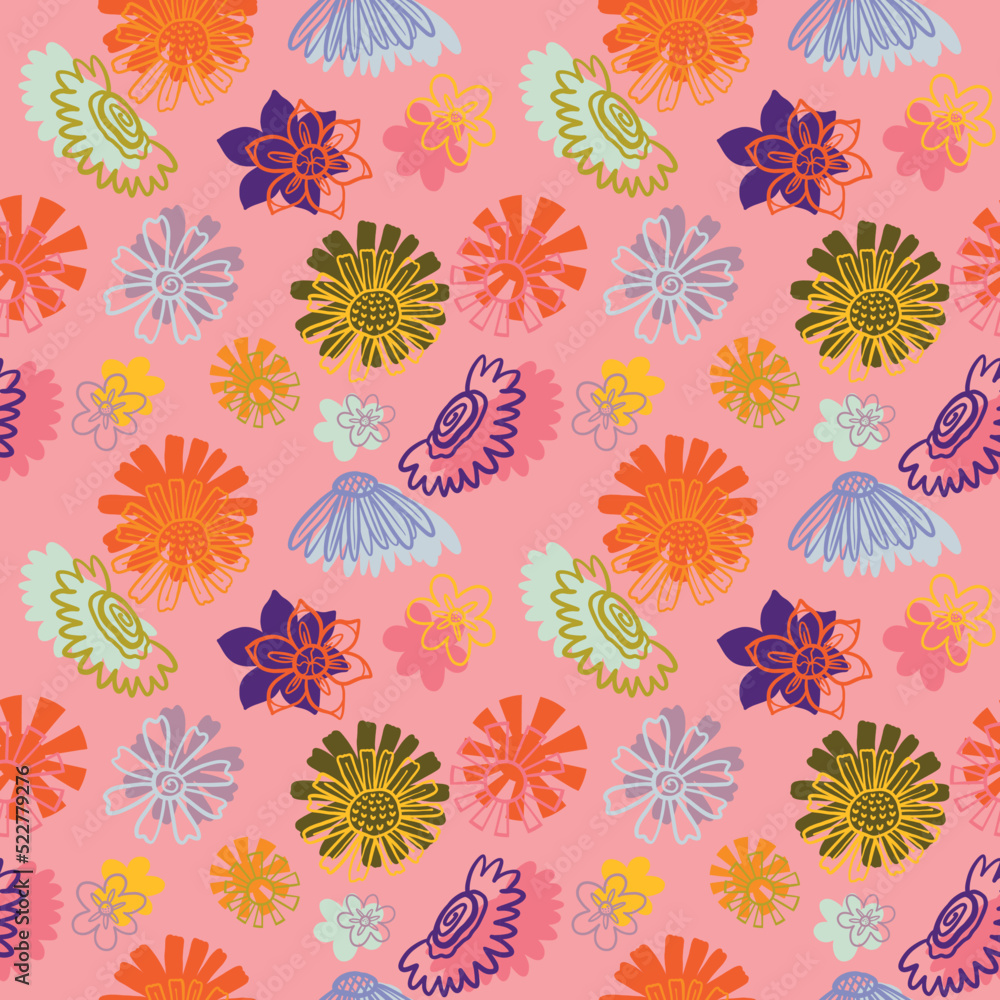 teenage seamless 70s retro floral pattern hippie
