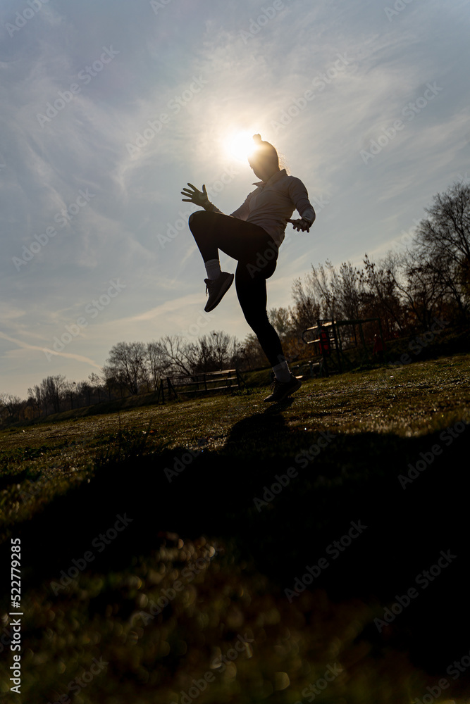 Exercising kickbox, silhouette. Low angle. Sunlight Exercising kickbox, silhouette. Low angle. Sunlight