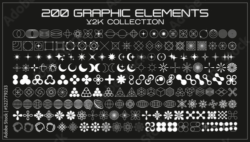 Retro futuristic elements for design. Collection of abstract graphic geometric symbols and objects in y2k style. Templates for pomters, banners, stickers, business cards